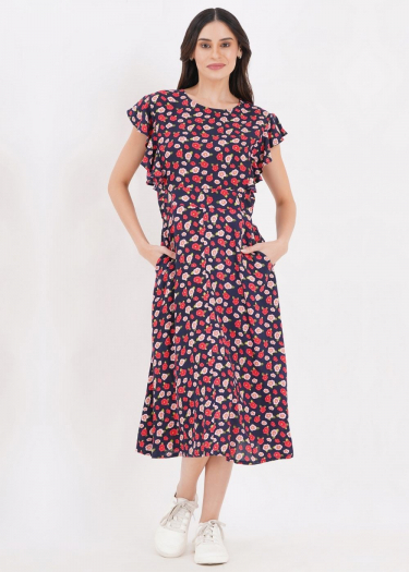 Rose print flutter sleeve dress