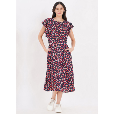 Rose print flutter sleeve dress
